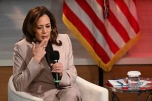 Kamala Harris speaks at a discussion hosted by the National Association of Black Journalists