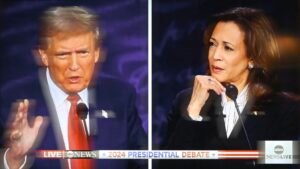 Presidential debate split screen, Donald Trump and Kamala Harris